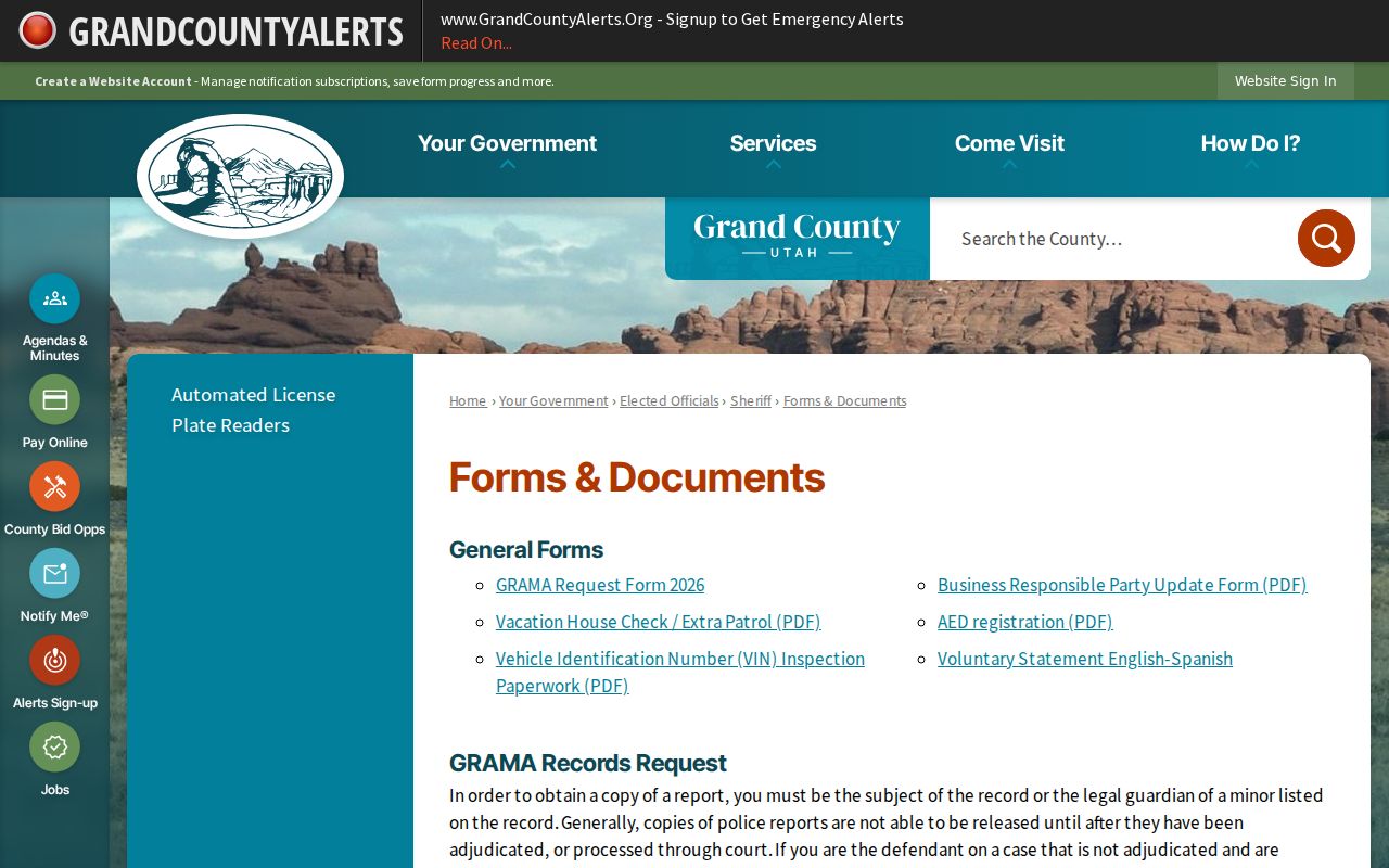 Grand County arrest report forms and Sheriff request rules