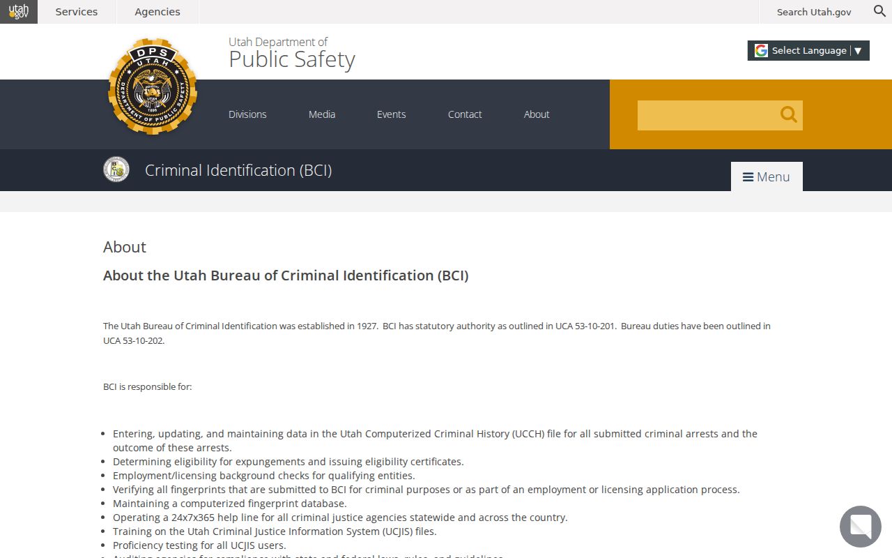 Grand County criminal records Bureau of Criminal Identification authority