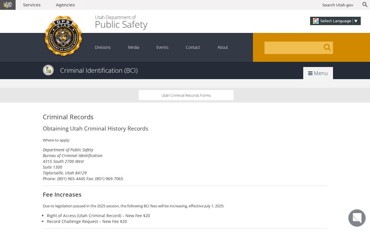 Grand County criminal history BCI Right of Access process