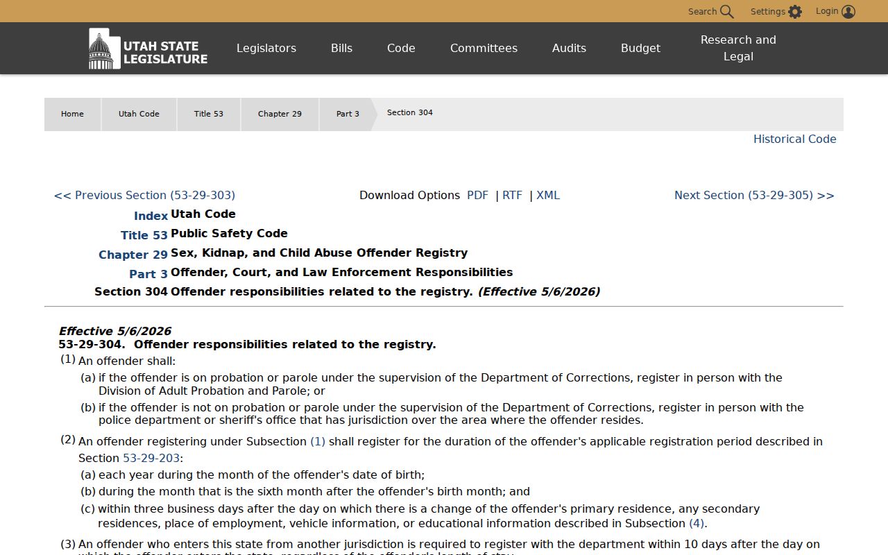 Grand County sex offender registrant reporting requirements under Utah law