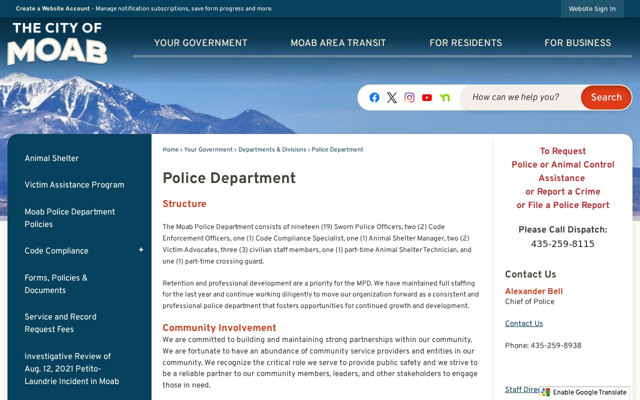 Moab criminal records information in Grand County from the Police Department page
